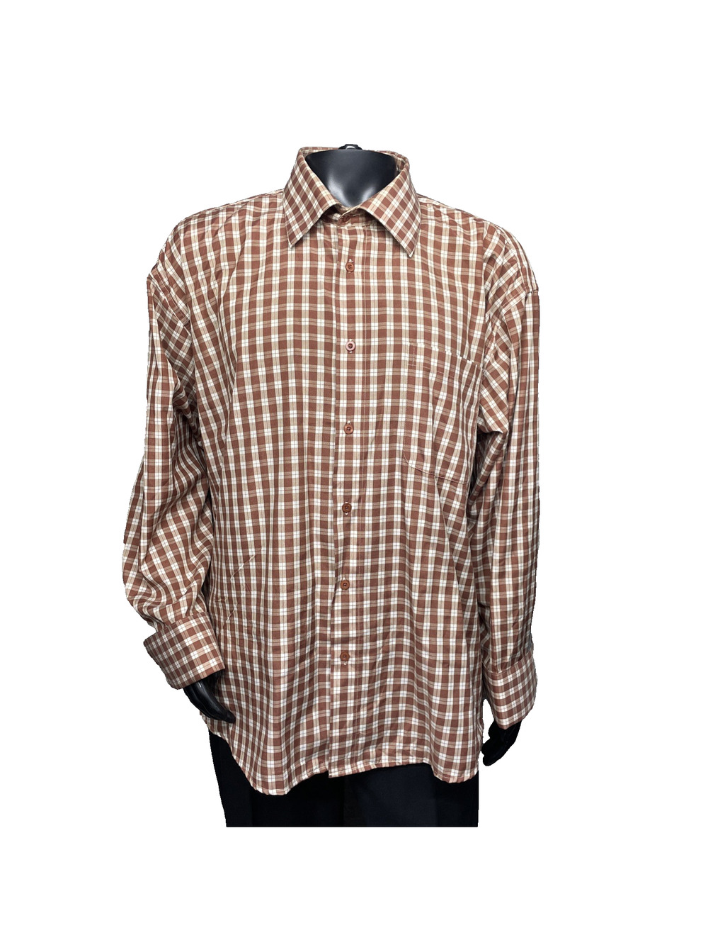 Vtg Prime Time Mens 2XL Dress Shirt 18.5 Long Sleeve 34/35 Brown Plaid Button Up